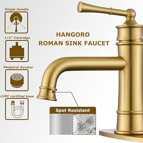 Miniatura 3 de Hangoro Grifo de baño, grifo dorado de una sola manija para fregadero de baño, válvula sólida y drenaje desplegable, grifos de baño táctiles para