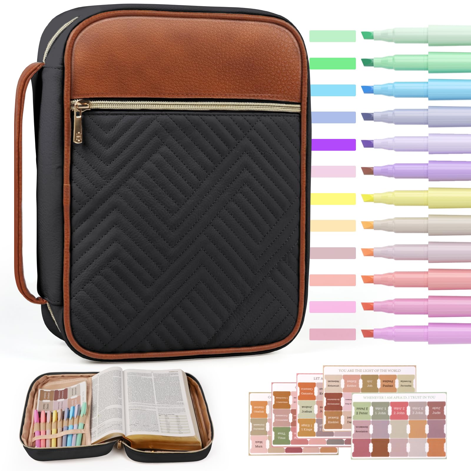 BellaHold Quilted Vegan Leather Bible Cover, Color-Blocked Bible Cover Case for Women, Large Bible Carrying Case with Handle, Bible Study Supplies &amp; Christian Gift for Women (Black &amp; Brown, M/L)