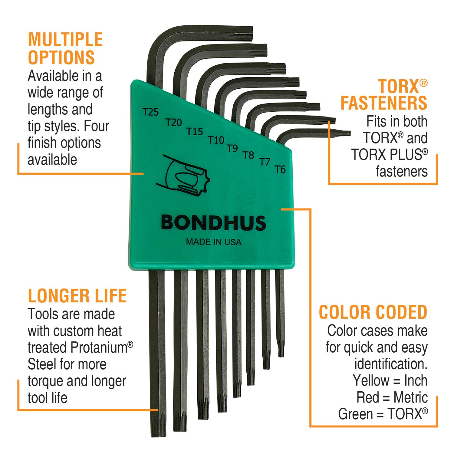 Bondhus 31832 Set of 8 Star L-wrenches, Long Length, sizes T6-T25