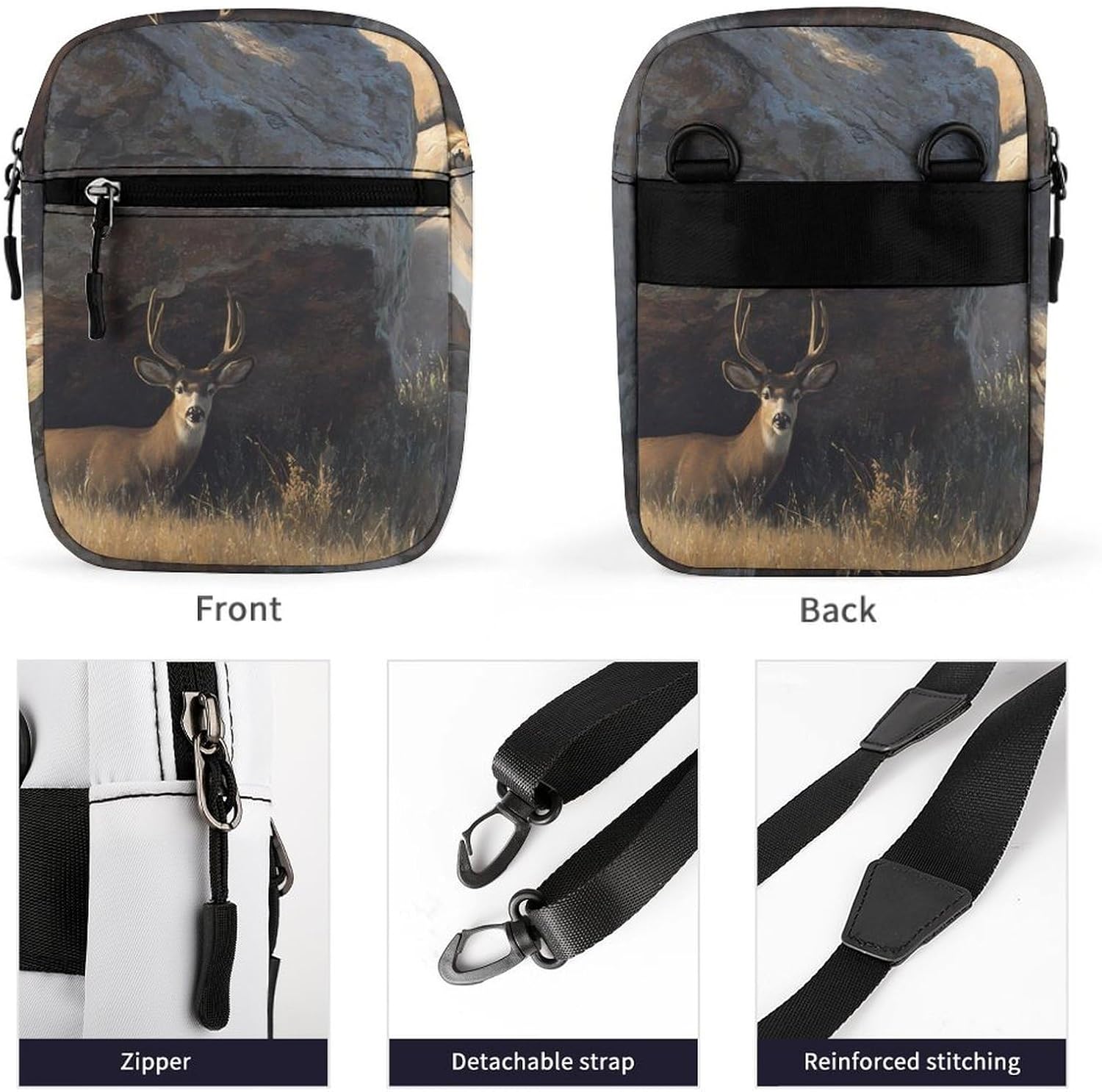 Lions Hunting Deers Behind Boulders Small Crossbody Bag Sling Shoulder Satchel