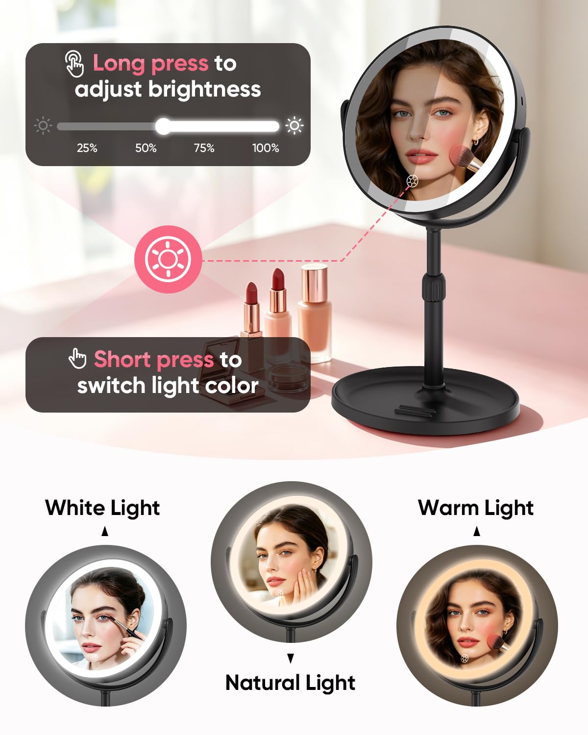 Specchio per il trucco con luci, specchio ingranditore a doppia faccia 30X 1X
