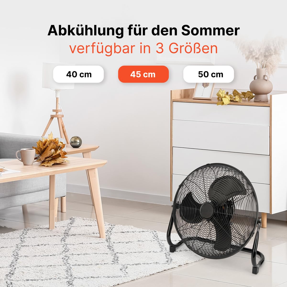 ProfiCare® XL Windmaschine mit 45 cm Ø | Ventilator verstellbarer Winkel | Bodenventilator 3 Stufen | Ventilator leise aus Metall | Luftkühler | Standlüfter | Raumkühler | PC-VL 3066 WM schwarz