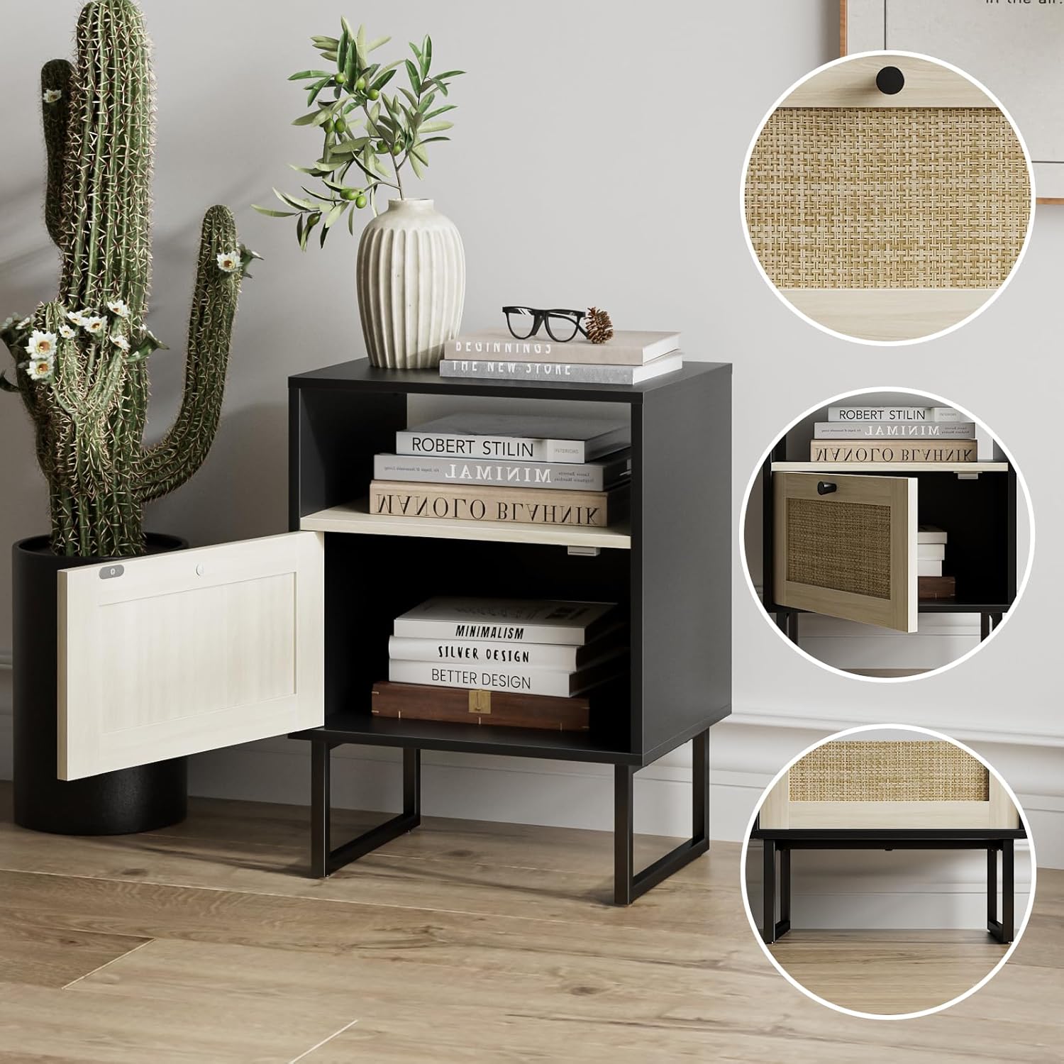 Masupu Boho Night Stand, Small Rattan Side Table, Wood Nightstand with Drawer and White Oak Shelf, Bedside Table, End Table for Bedroom,Living Room,Office (Black Frame)