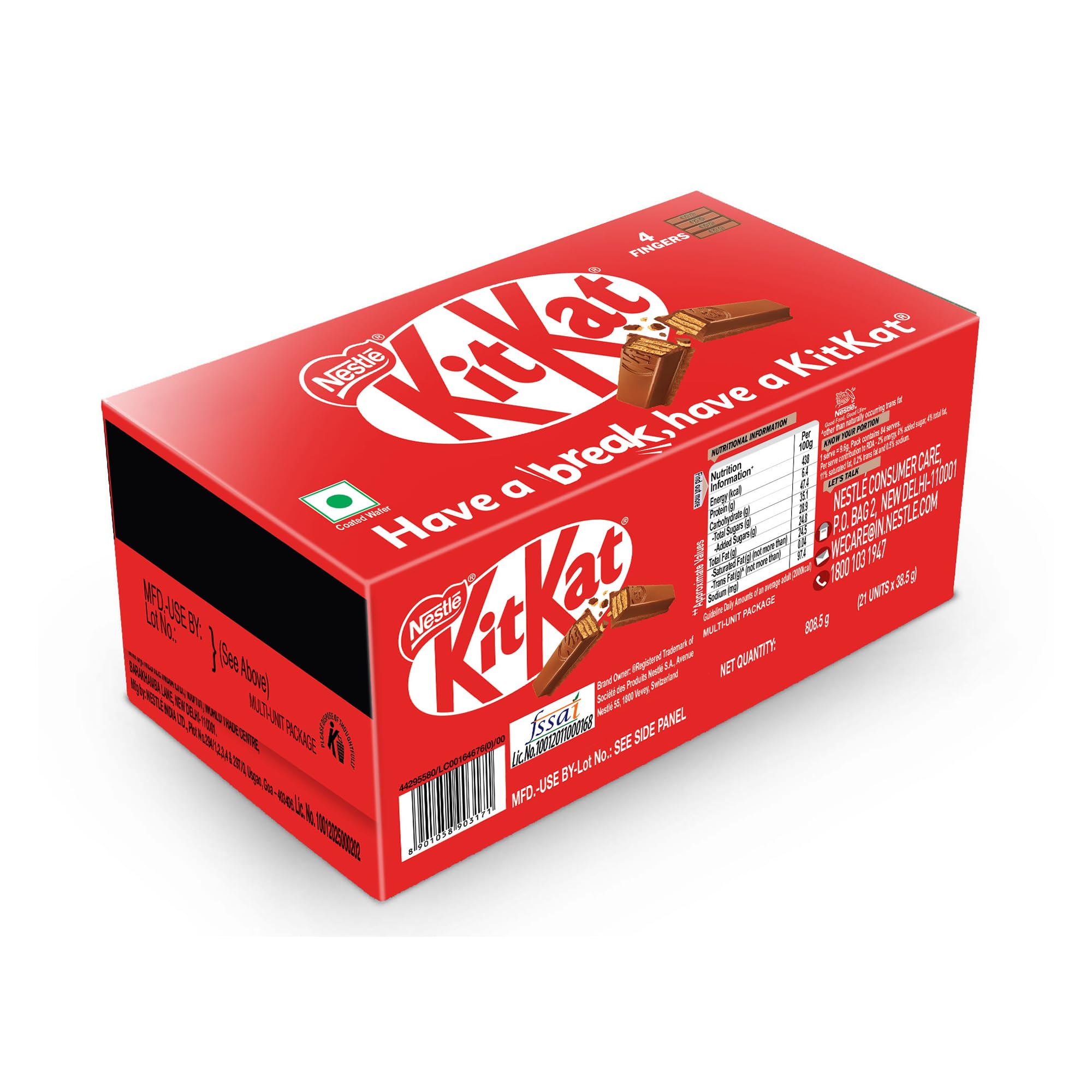 KIT KAT Nestle 4 Fingers Choco Coated Wafer Bar, (21 Units X 38.5g) ,808.5g