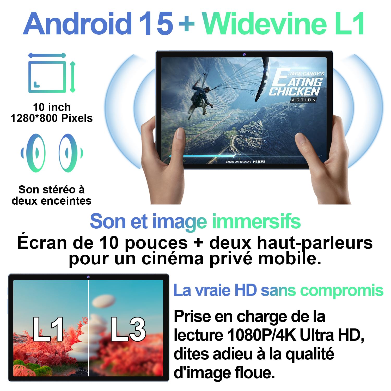 Tablette 10 Pouces Android 15, 22Go RAM + 128Go ROM (1To TF), Octa-Core, 8000mAh, Widevine L1, WiFi-6, Face ID, GPS, BT 5.0, Corps métallique, Tablette Tactile avec Clavier + étui de protection, Bleu