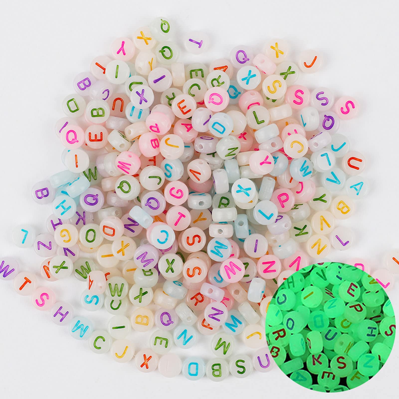 200pcs Luminous Acrylic Alphabet Beads 7mm Glow in The Dark Letter Beads Pony Disc Coin Flat Round Loose Spacer Beads for DIY Jewelry Making