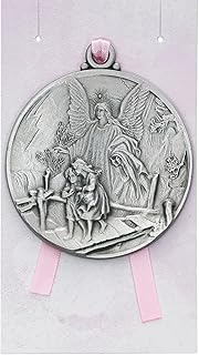 Needzo Guardian Angel Crib Medal with Pink Ribbon - Pewter Finish, 2-3/4" Diameter