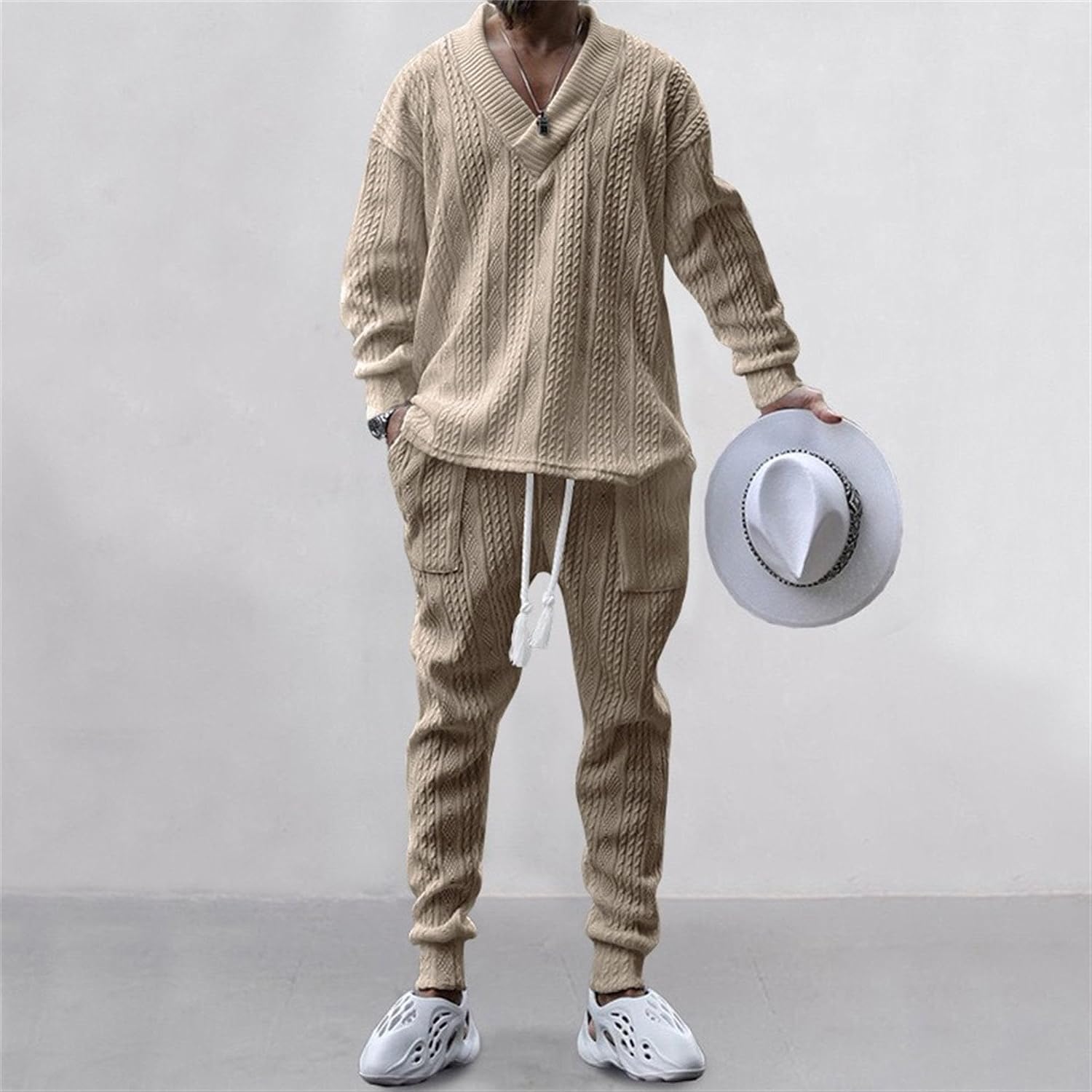 Men's Knit 2 Pieces Tracksuits Long Sleeve V Neck Jacquard Sweat Suits Drawstring Jogging Athletic Suit Sets