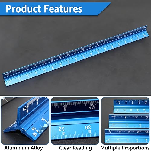 Miniatura 3 de 2 estilos de reglas arquitectónicas e ingenieras de 12 pulgadas, regla de dibujo triangular de aluminio azul y negro para ingenieros de metal