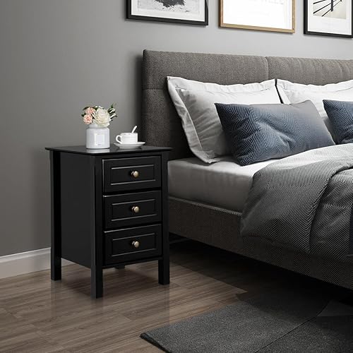 Miniatura 9 de Topeakmart Moderna mesita de noche con 3 cajones y patas de madera maciza, mesita de noche con amplio espacio de almacenamiento, mesita de noche de