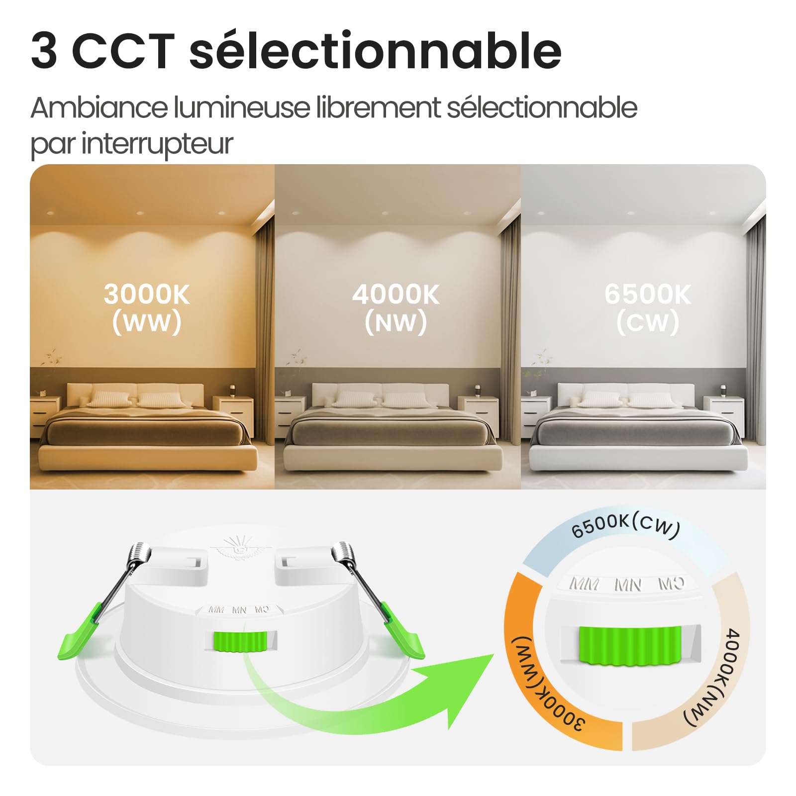 ALUSSO Lot de 10 Spot LED Encastrable 68mm,AC 220-240V 5W Spots de Plafond Encastre 3000K 4000K 6500K Réglable,IP44 Spot Salle de Bain LED pour Salon Cuisine,Blanc | AC 220-240 V, intensité variable 10-100 %, 3000 K/4000 K/6500 K, spots LED pour salle de