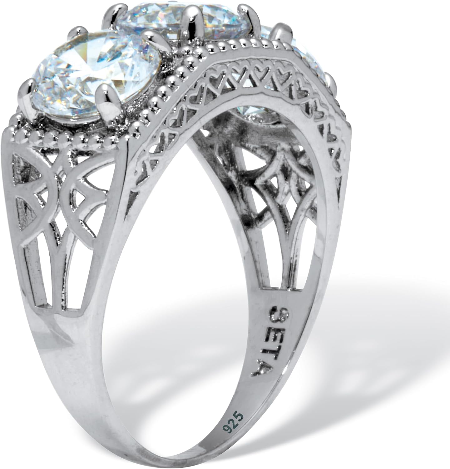 PalmBeach Platinum-plated Sterling Silver Round Cubic Zirconia 3-Stone Ring Sizes 6-10