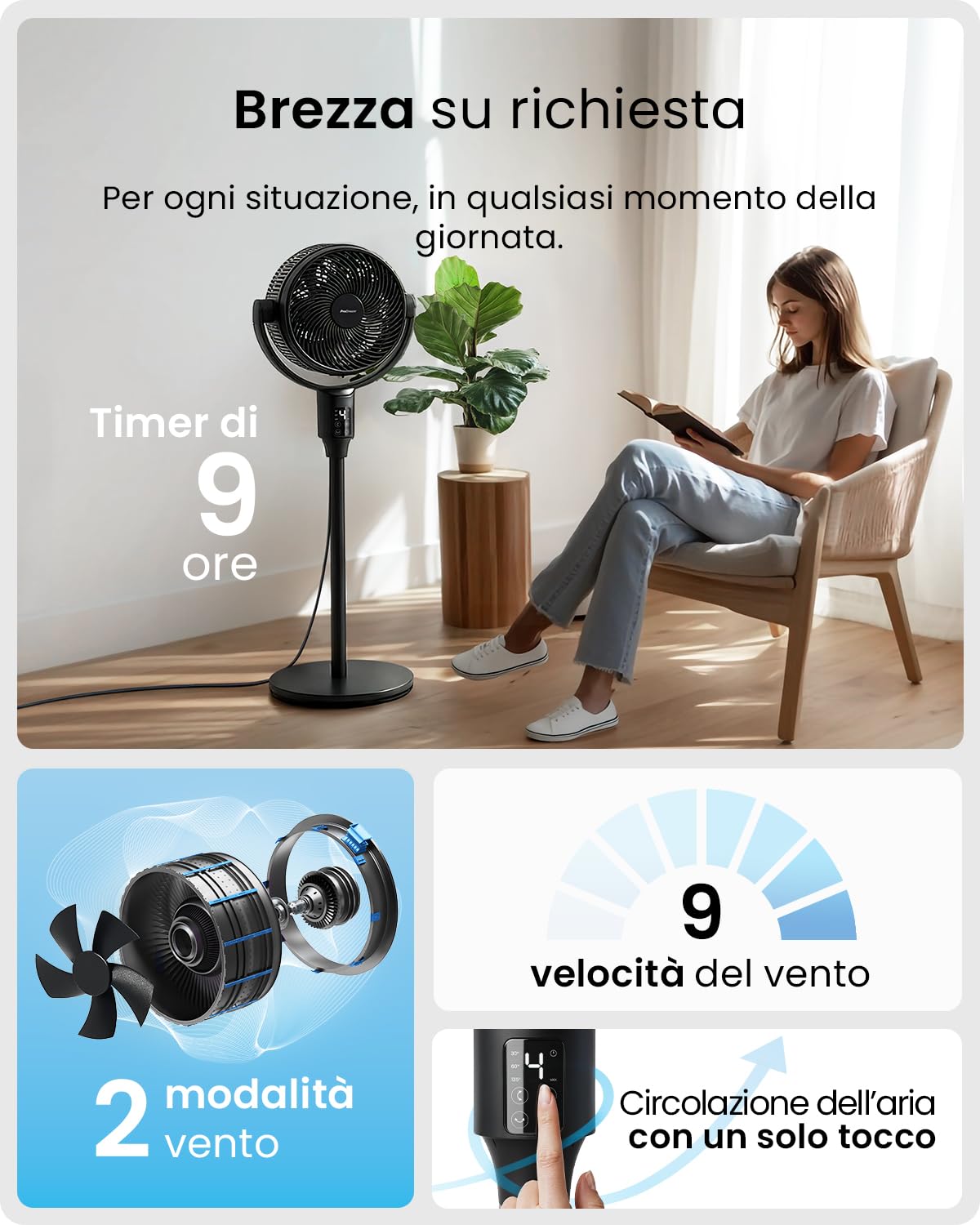 Pro Breeze AirFlo Ventilatore Ultra Silenzioso WiFi 9 Velocità, Da Ventilatore a Piantana(111 cm) a Ventilatore da Tavolo(60 cm), Oscillazione Vortex 95°/135°, Basso Consumo, Casa e Ufficio, Nero