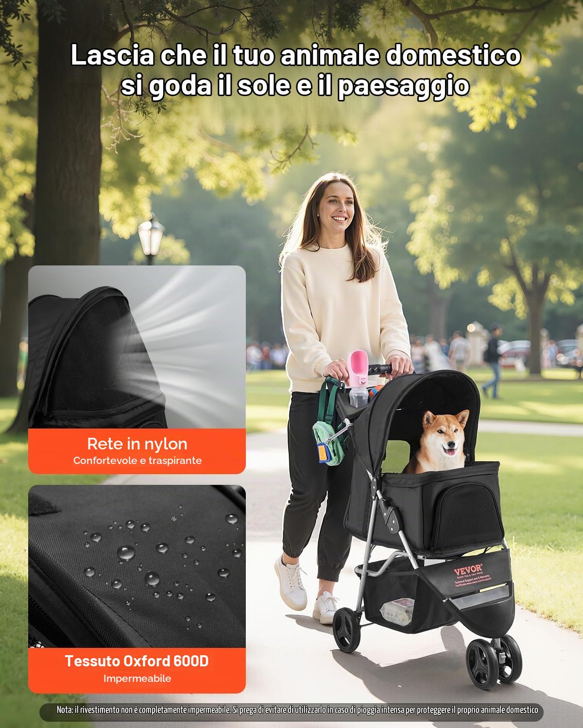 VEVOR Passeggino Pieghevole per Animali Domestici, Passeggino per Cani a 3 Ruote con Freni, Capacità di Peso di 16 kg, con Finestre in Rete Traspirante e Portabicchieri per Piccoli Cani Gatti