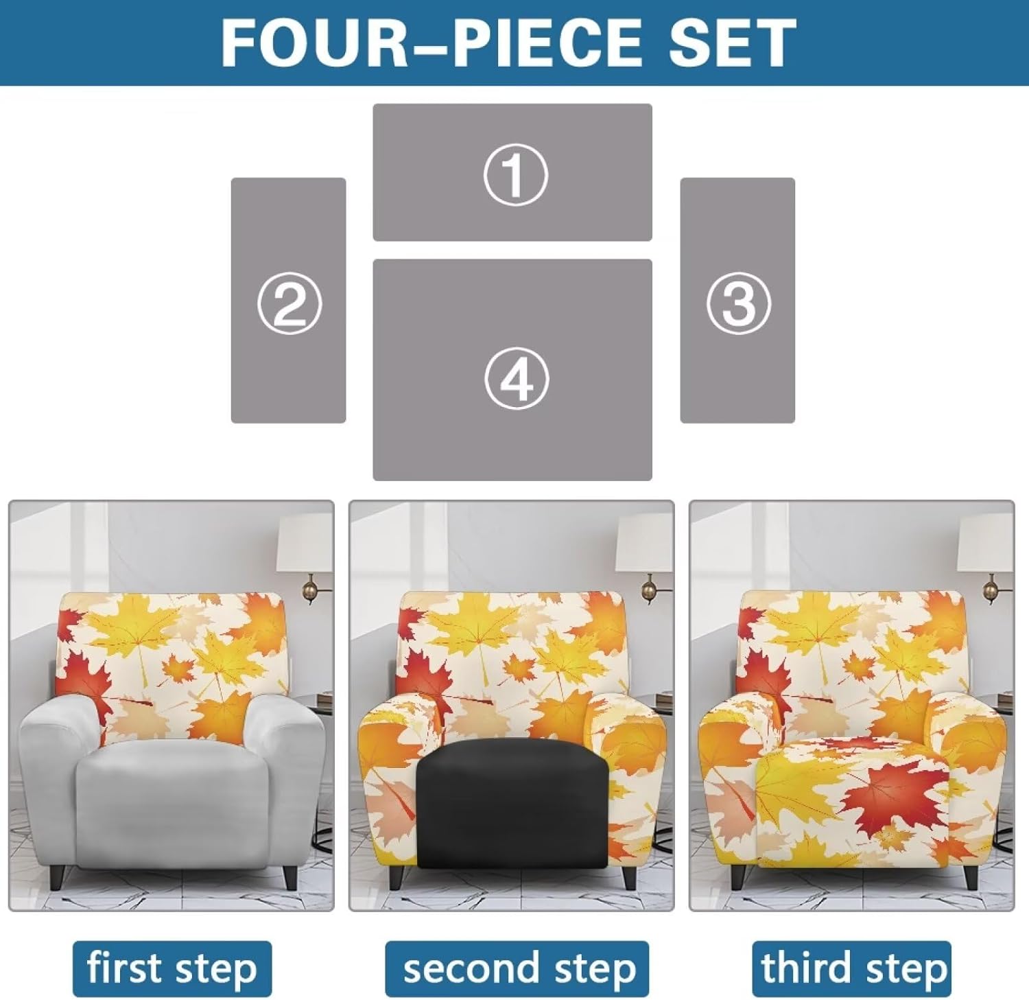 FOR U DESIGNS Maple Leaves Cover for Recliner Chair 4-Piece Stretch Set with Storage Pockets Washable Furniture Protector Elastic Edges Stay in Place for Small Recliners