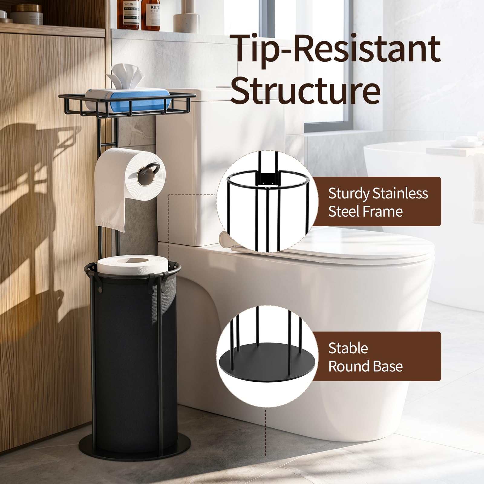 Lewondr Free Standing Toilet Paper Holder with Shelf, Black — Amazon image 5
