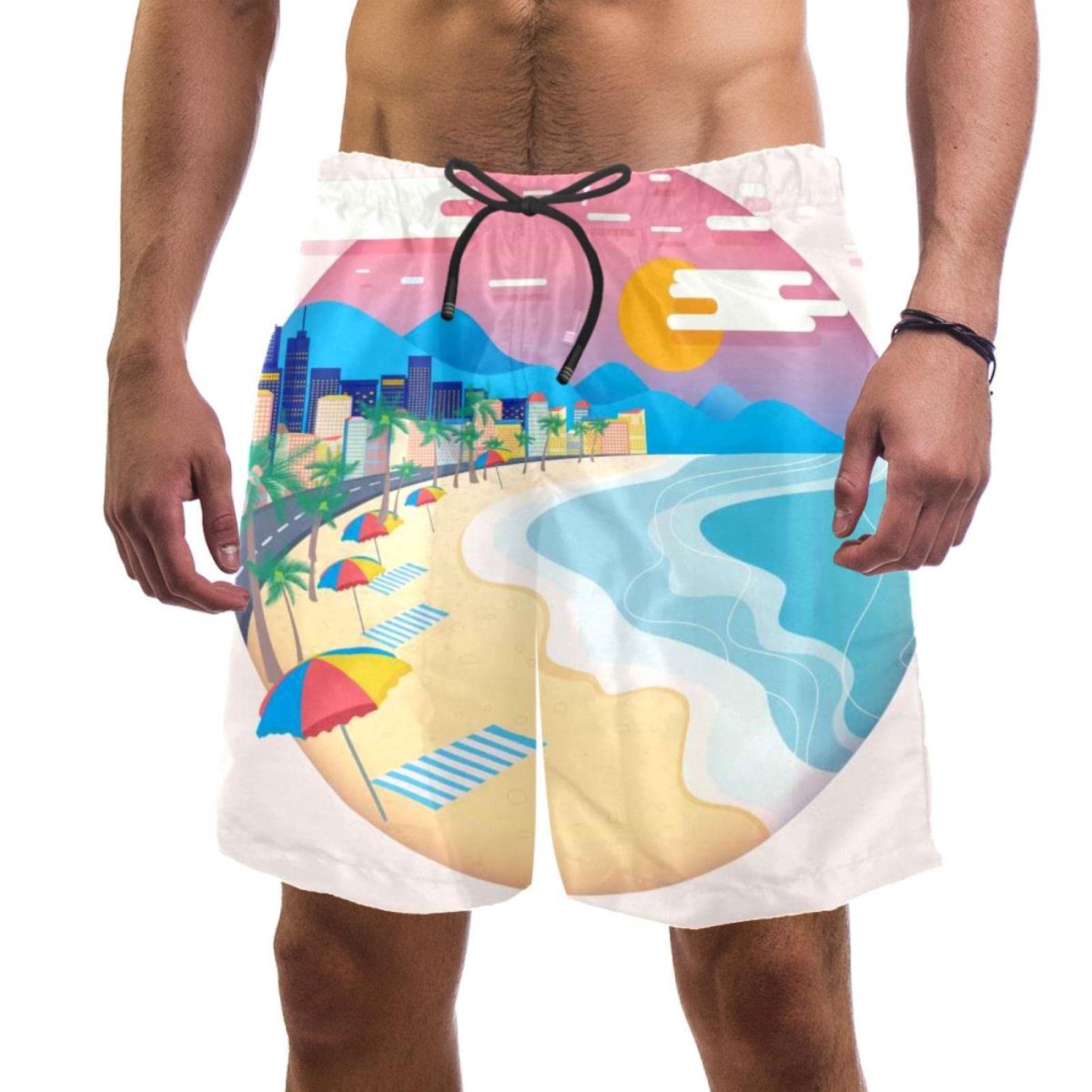 GenericMen's Beach Shorts Quick Dry with Pockets Swim Trunks Bathing Suits for Men Copacabana Landscape