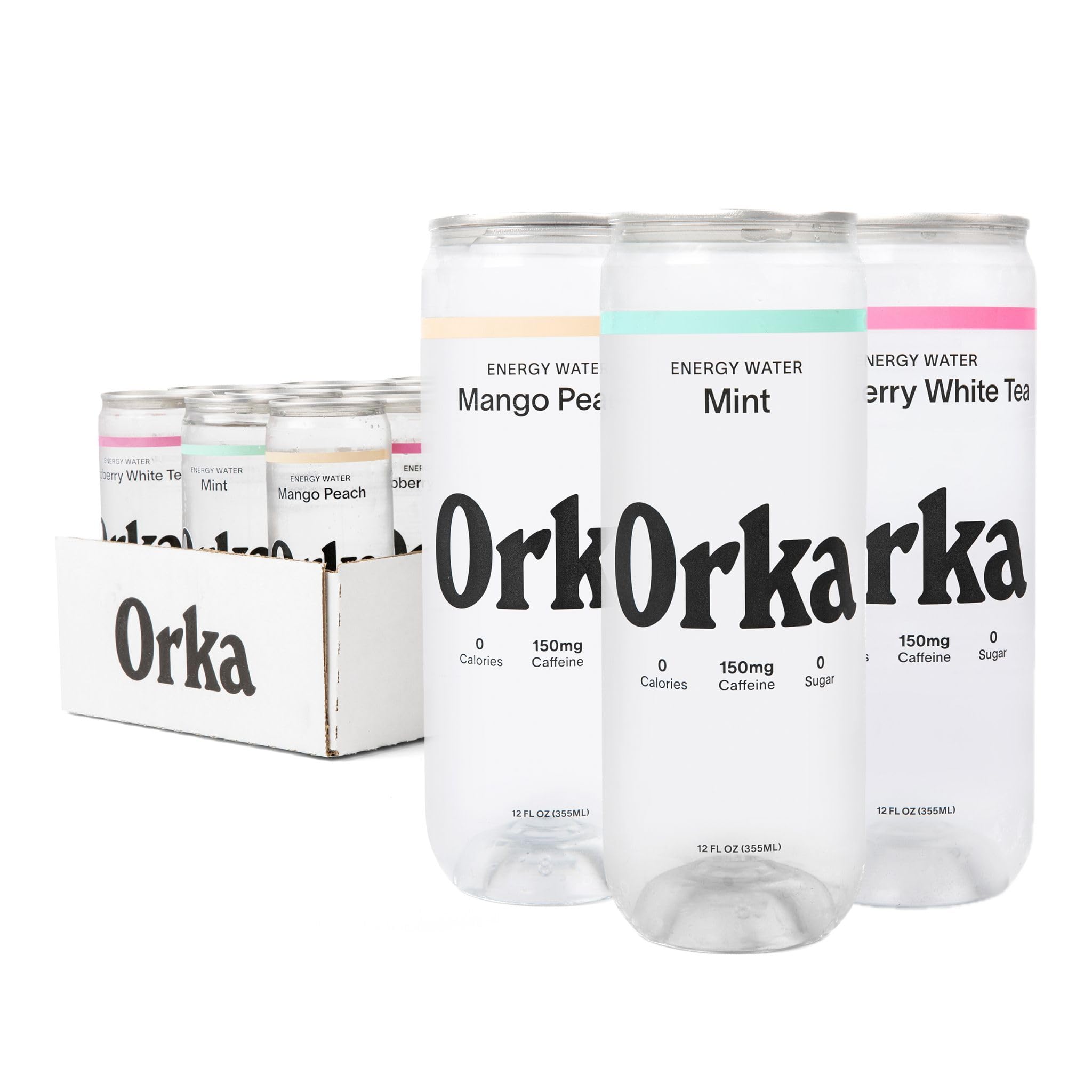 Orka Energy Water – Sugar-Free, Zero-Calorie, Non-Carbonated Caffeinated Water (12oz Cans, Variety Pack) | 150mg Natural Caffeine + Natural L-Theanine for Jitter-Free Focus & Energy