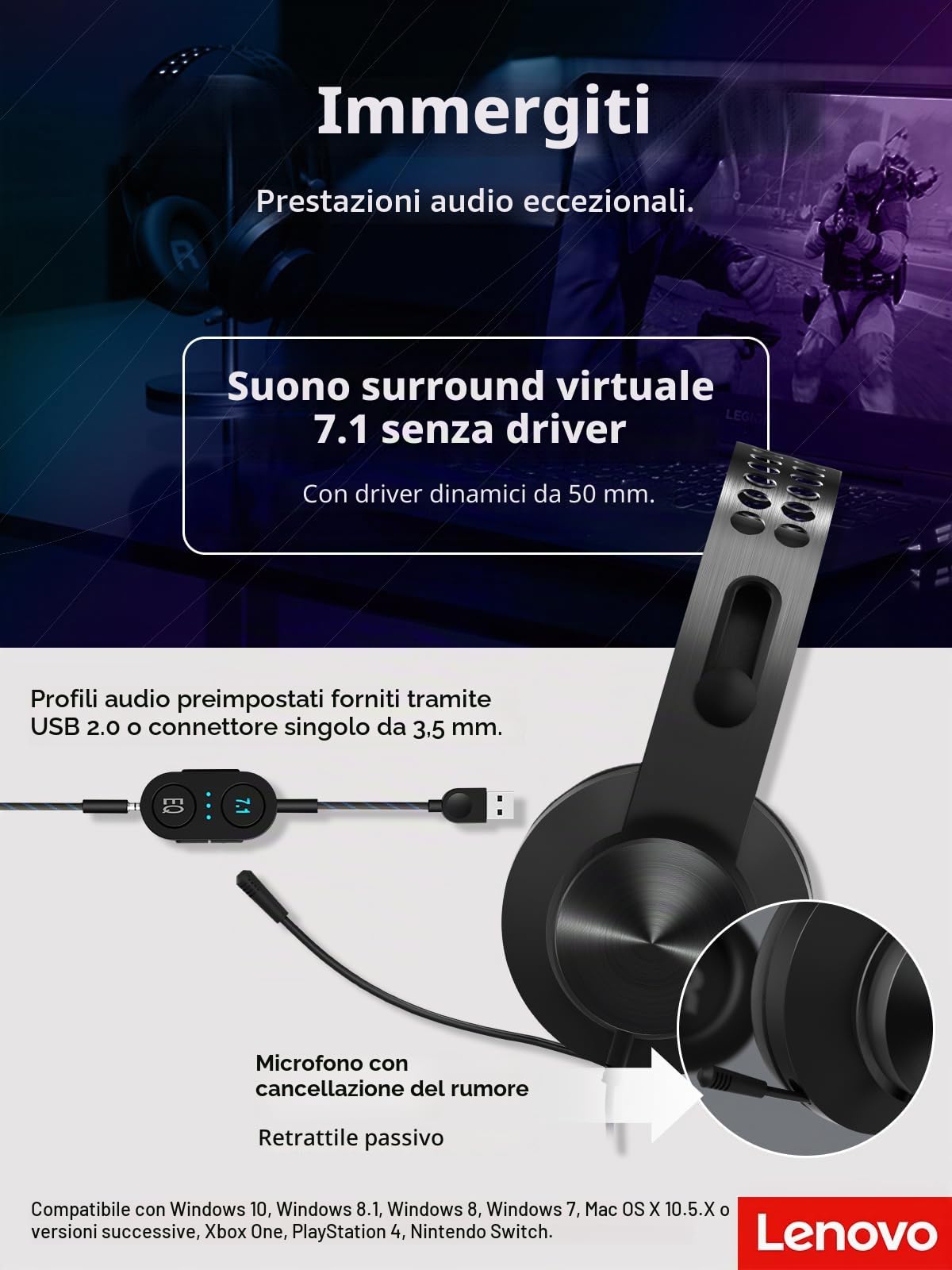 Lenovo Legion H500 Pro Auriculares Alámbrico Diadema Juego Gris