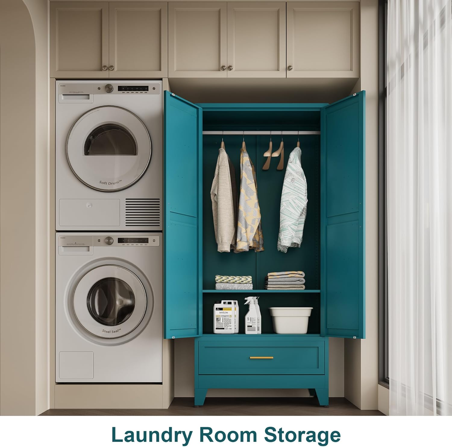 71" Tall Metal Wardrobe Closet with Doors, Hanging Rod, Drawer & Adjustable Shelf – Freestanding Full-Size Steel Armoire for Bedroom, Home Office, Dorm, Entryway, Laundry Room (Teal)