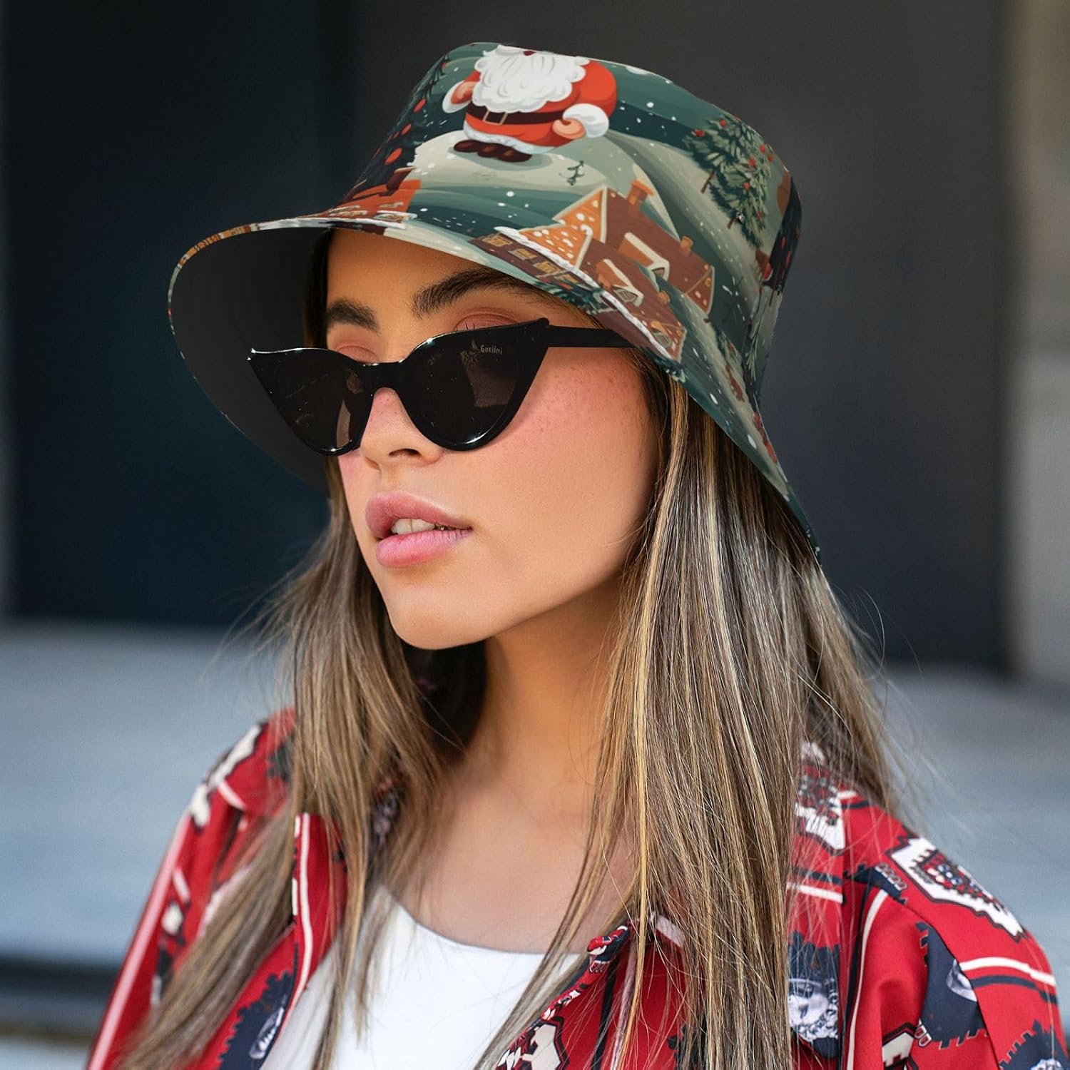 Christmas Village Print Sun Hat Outdoor Fisherman Cap Summer Bucket Hat Beach for Men Women Black