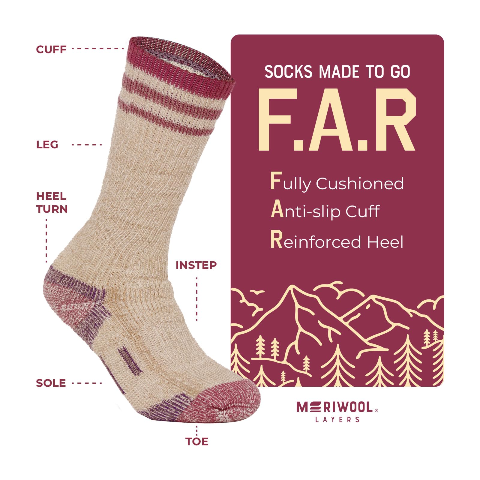 MERIWOOL Outdoor-Socken aus Merinowolle, 3 Paar schwere warme dicke Winter-Crew-Wandersocken für Damen und Herren