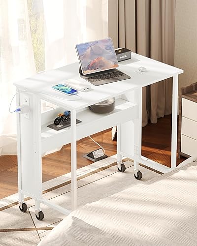 CHOEZON 31.5" Modern White Folding Computer Desk with Power Outlets,