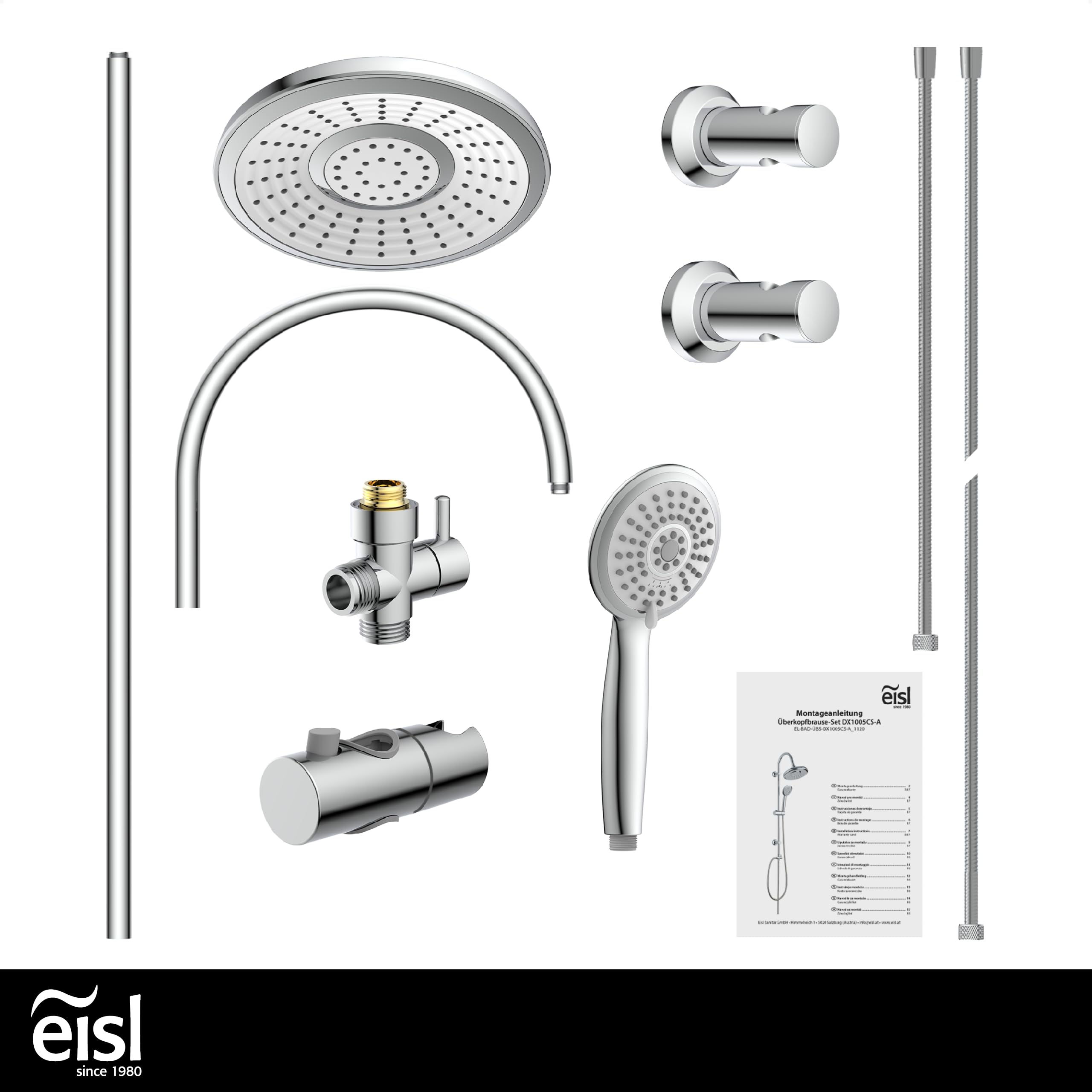EISL Sommerregen DX1005CS-A Conjunto de ducha sin grifo, conjunto 2 en 1, ducha grande y teleducha, ducha sin grifo, kit de instalación completo, cromo