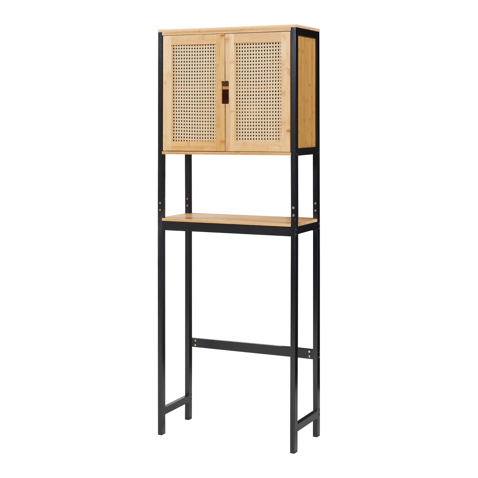 [en.casa] Toilettenregal Tervola Toilettenschrank Waschmaschinenschrank mit 2 Türen in Rattanoptik 172 x 63 x 27 cm Badregal Bambus Überbauschrank Schwarz und Naturfarben