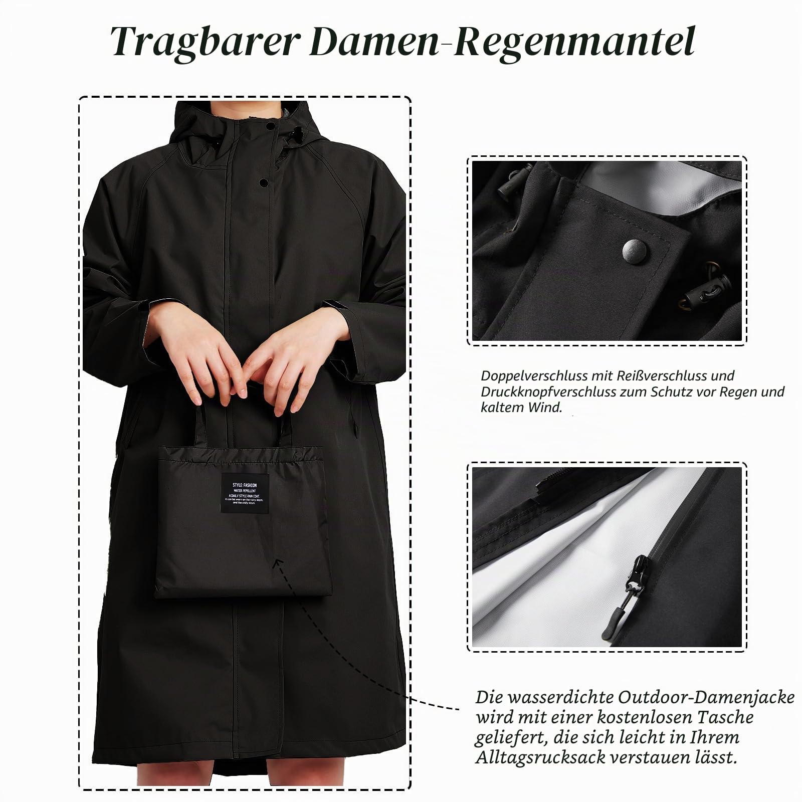 Regenjacken für Frauen Leichter Wasserdichter Regenmantel Lange Regenmäntel mit Kapuze Outdoor Windbreaker Travel Trenchcoat Packable Regenbekleidung