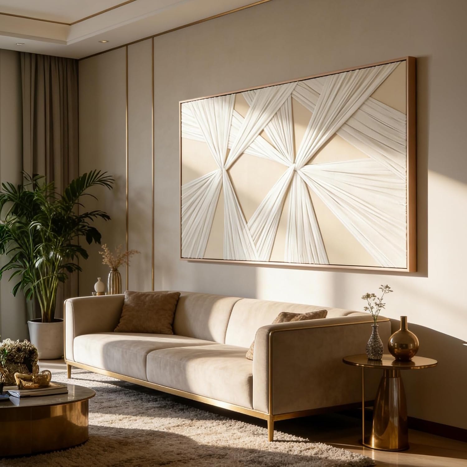Artists' Handicraft, Extra Large Luxury 3D Fabric Neutral Textured Wall Art, Minimalist Abstract Boho Modern Long Beige Painting Wall Decor for Living Room Bedroom Hallway Office, Horizontal, 54x27 Inces