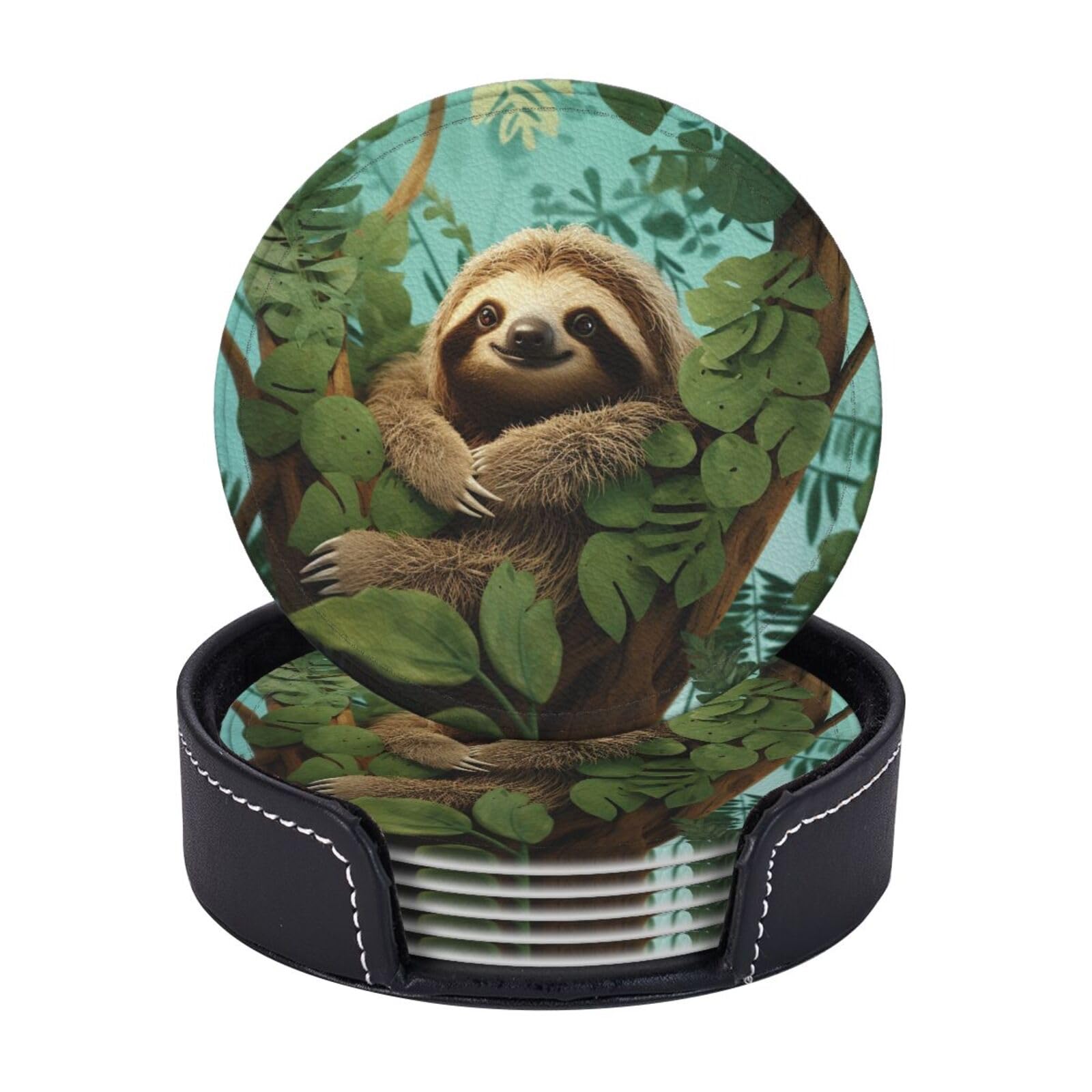 6Pcs PU Leather Coaster for Drinks, Hug Tree Sloth Cup Coasters with Holder, Aesthetic Drink Coasters for Coffee Table, Round Coaster for Tabletop Protection 4" Cup Mat Pad