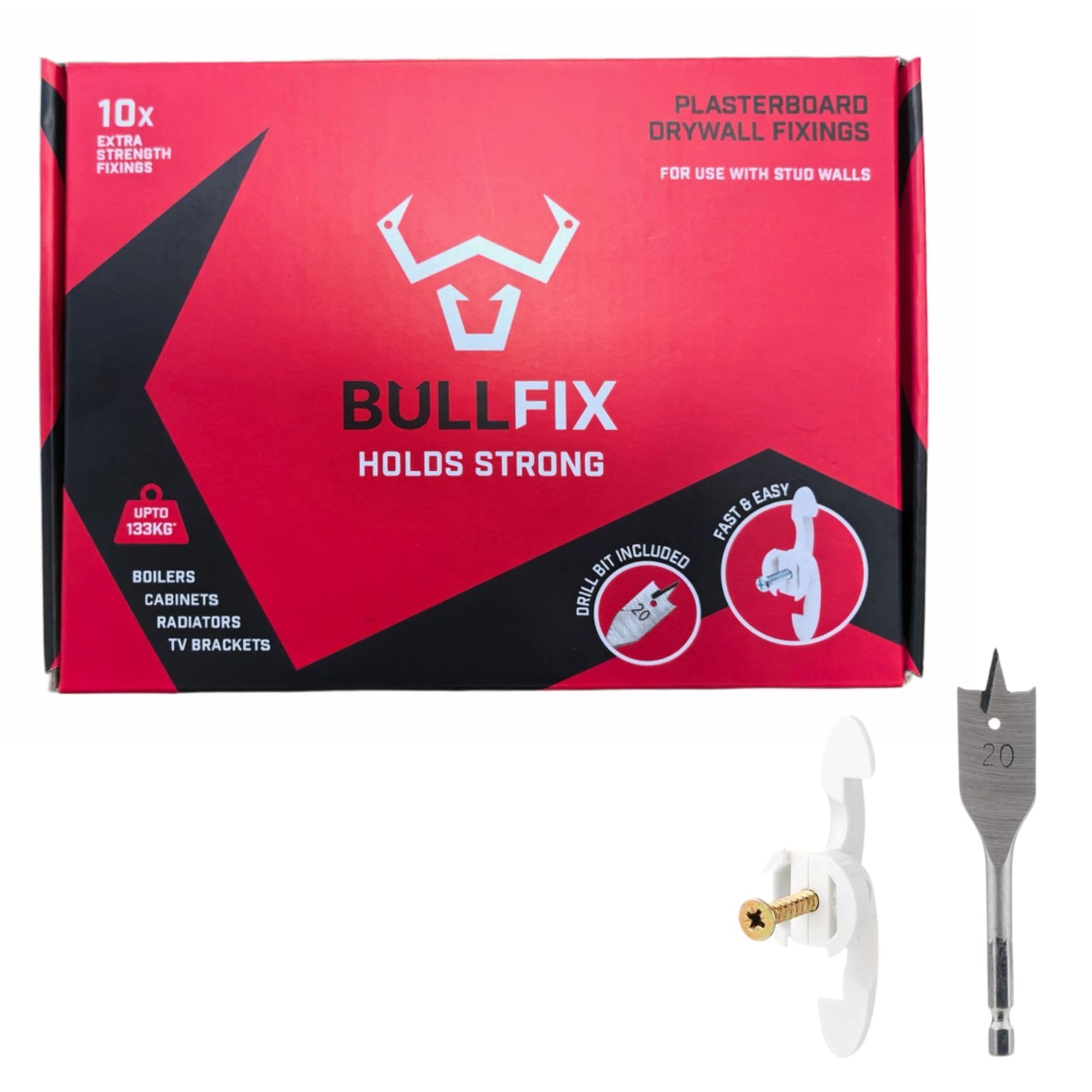Bullfix Extra Plasterboard Fixings Heavy Duty Pack - Drywall Anchor for Insulated Plasterboard, Stud & Hollow Cavity Wall Anchor Kit with Screws, Holds up to 133kg, 20mm Drill Bit - Starter 10 Pack
