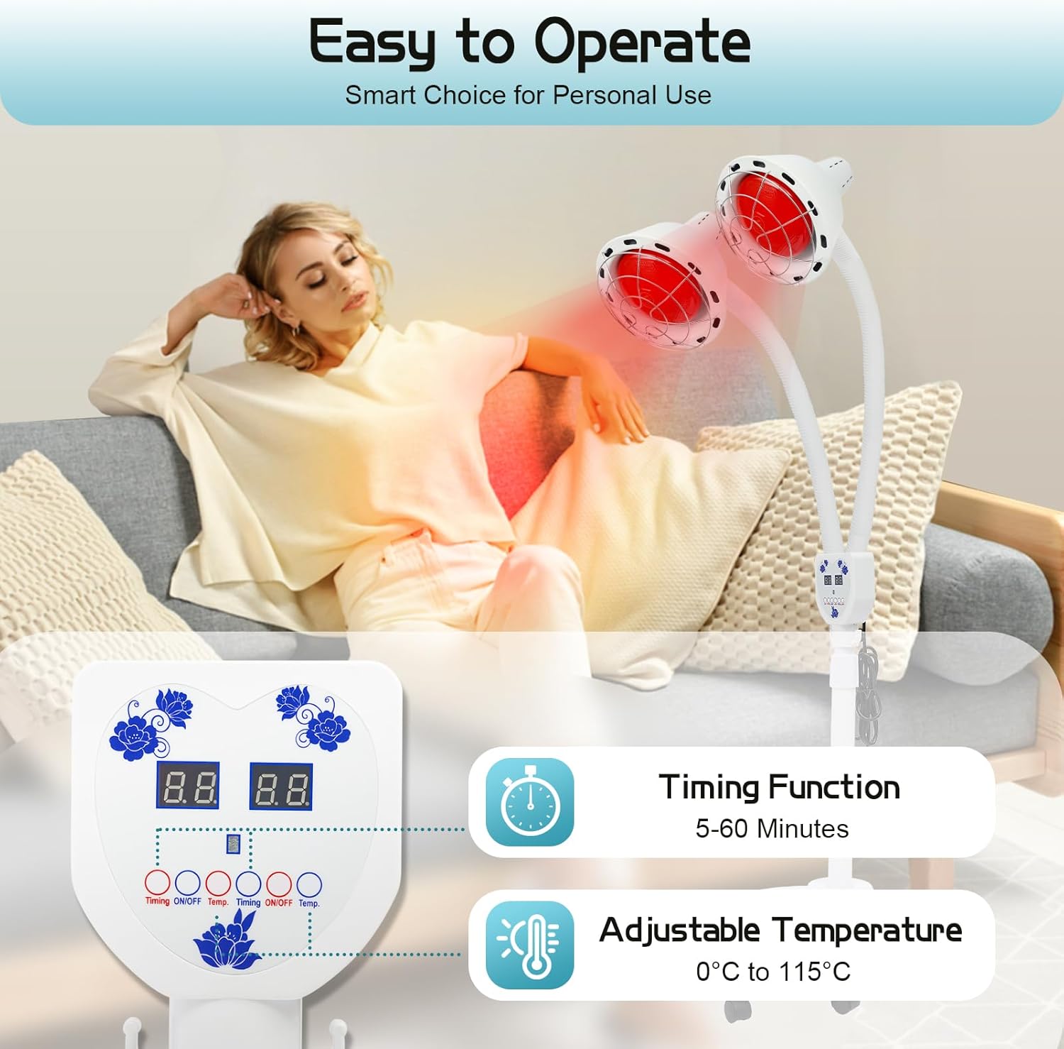 Infrared Heat Lamp, 360° Rotating Red Light 110V Beauty Salon Infrared Heat Lamp, Double-Head Red-Lights Roasting Lamp for Body Relieve Joint Pain & Muscle Aches