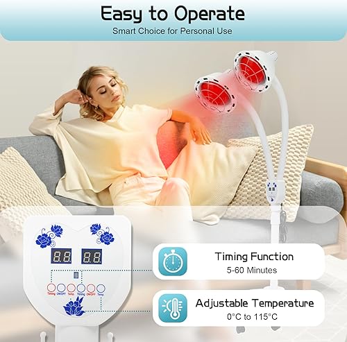 Miniatura 5 de Lámpara infrarroja de doble cabeza, luz de calor roja de 275 W 110 V, soporte de suelo, tubo telescópico, temperatura ajustable, 1 unidad