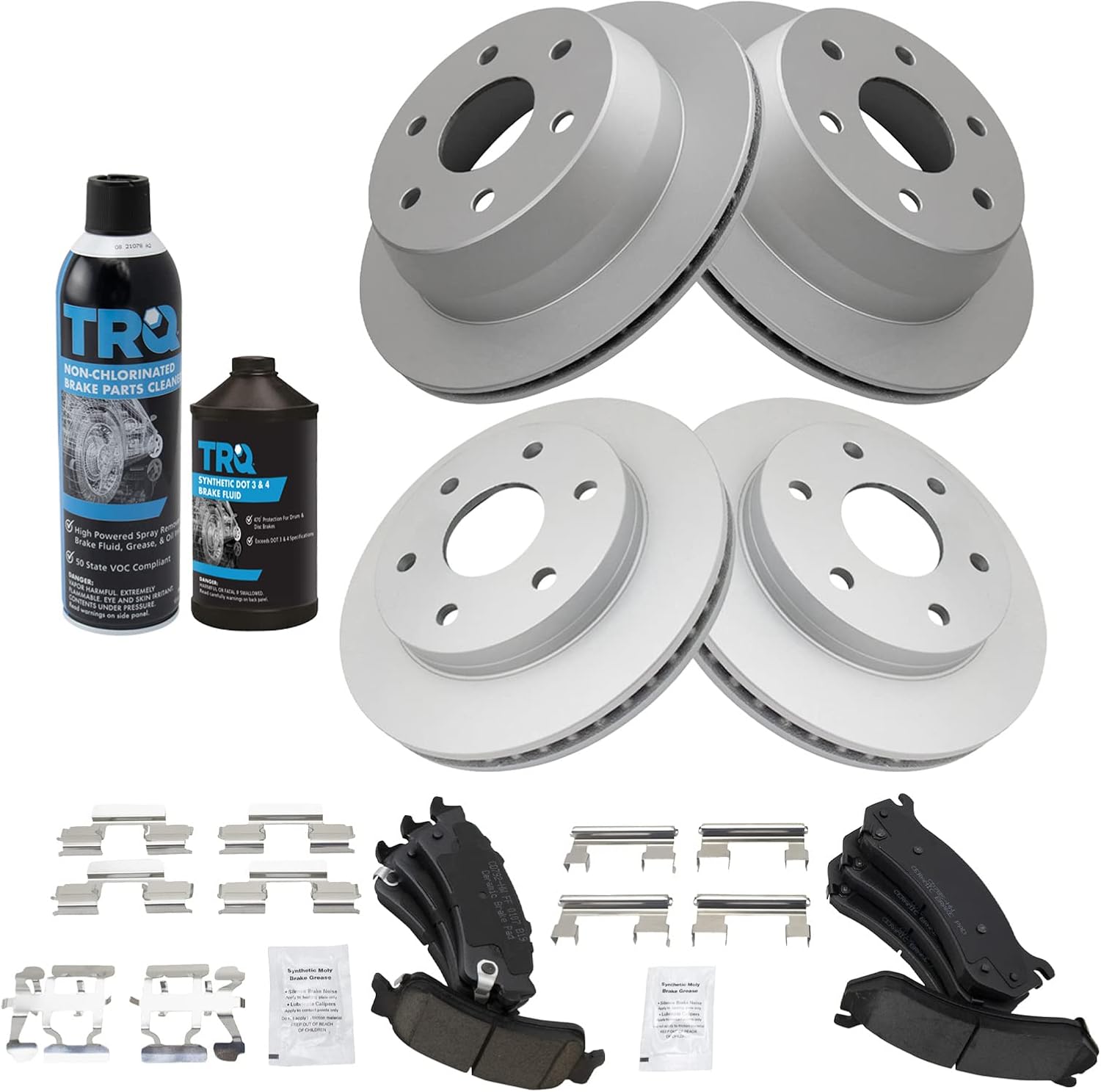 TRQ Front & Rear Ceramic Premium G-Coated Brake Pad & Rotor Kit components