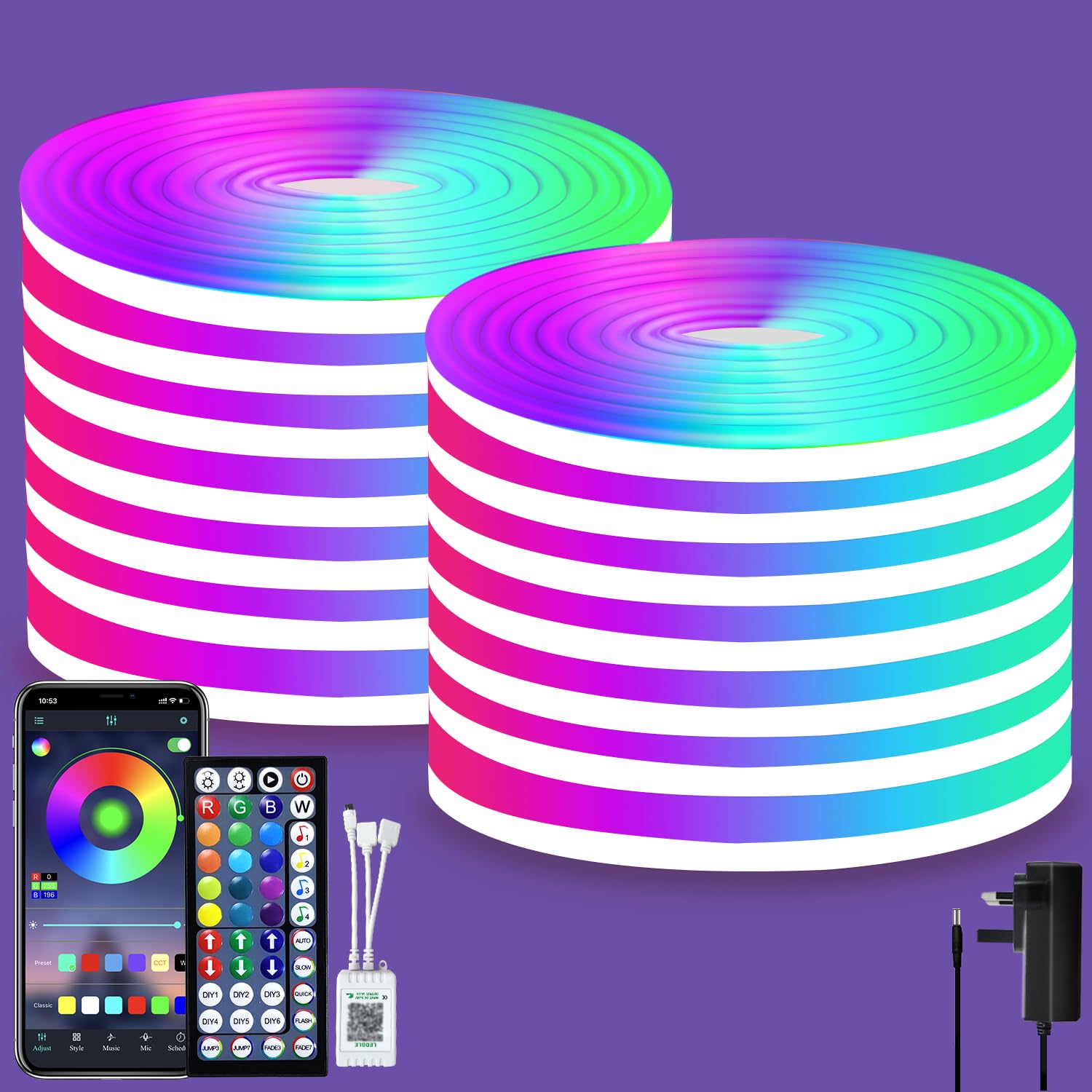 segrass LED-Neonlichtstreifen, 30 m, 24 V, RGB-LED-Neonlichtstreifen mit Fernbedienung | App-Steuerung, IP65 wasserdichte, flexible Neon-LED-Lichtleiste für Schlafzimmer, Zimmer, Außendekoration (2 Rollen à 15 m)