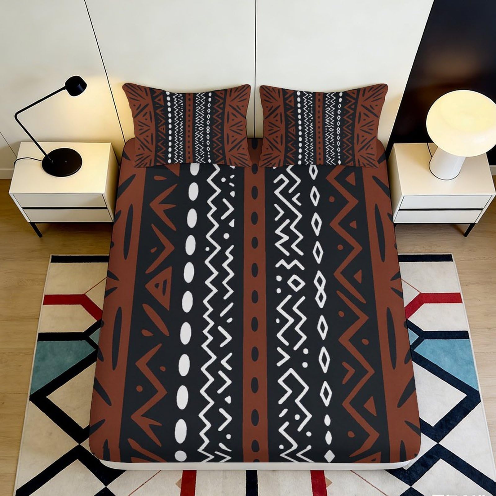 3D Printed African Tribal Pattern Fitted Sheet Microfiber Soft Durable Geometric Print Bed Cover for Bedroom Dormitory Guest Room Mattress Protection 90x200x25cm