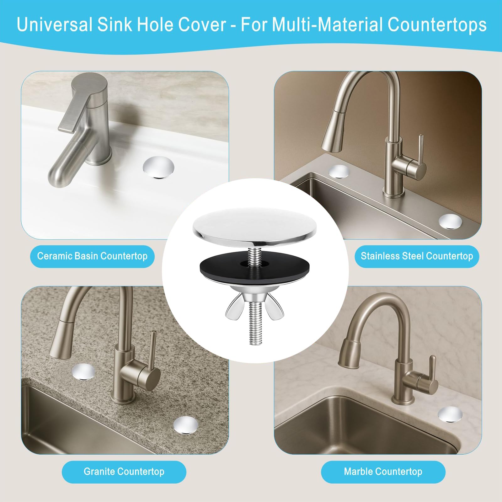 Tapón de Fregadero,Tapón Fregadero Acero Inoxidable Cubierta de Orificio para Grifo con Junta Embellecedor Lavabo Ciego para Fregadero Cocina Tapa Agujero para Bañera y Accesorios de Cocina — view 3