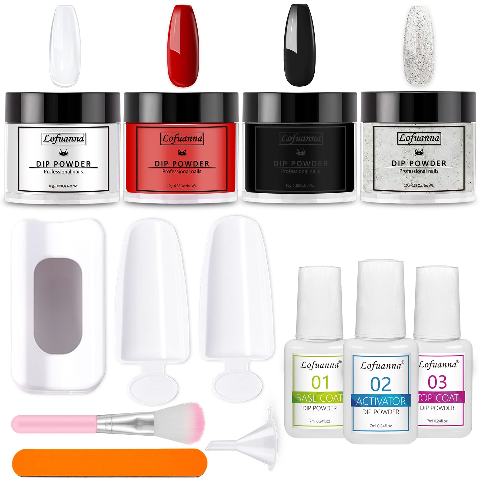 Lofuanna Polvo de Inmersión de Uñas Kit-4 Colores Transparente Negro Rojo Purpurina Polvo de Inmersión con Base Top Coat Activador,No Necesita UV/LED,Set de Manicura DIY para Principiantes