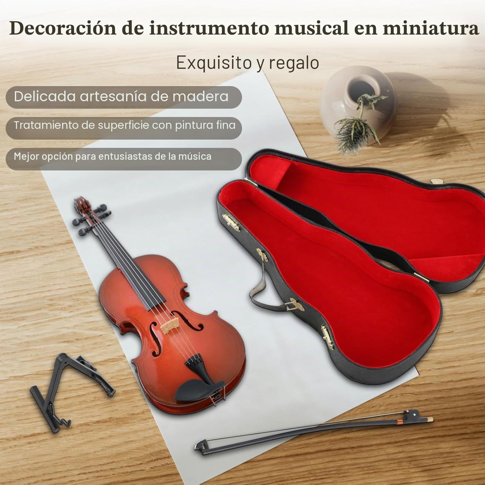Modelo de Violín en Miniatura, Modelo de Madera Mini Violin Muestra Modelo de Violín de Adorno Musical con Soporte de Arc y Estuche Negro para el Cumpleaños de la Decoración