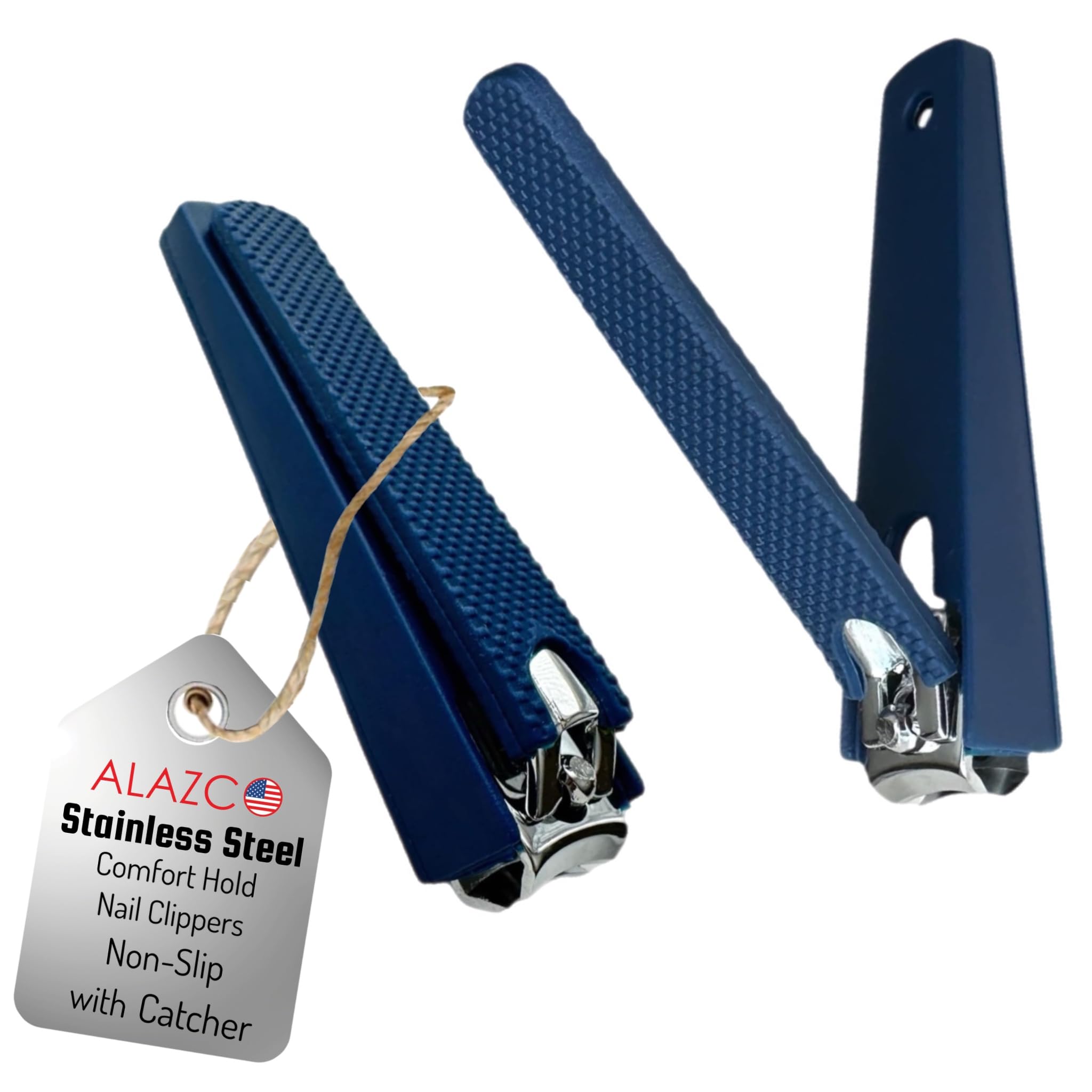 2 Comfort Hold Navy Large Nail Clippers Non-Slip Sure Grip Clipping Removable Catcher Toenails Fingernails Cutter Ultra Sharp