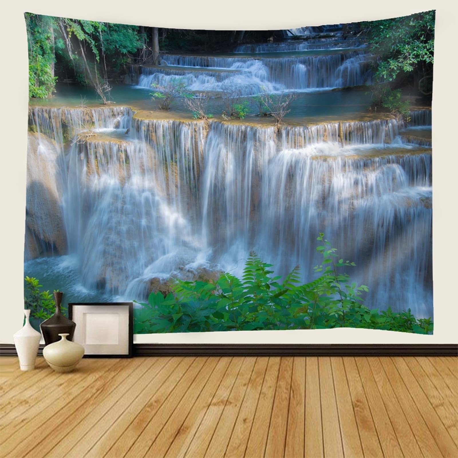 Skcess Jolie tapisserie en polyester, vert et blanc, cascade, paysage naturel, tapisserie nature, 240 x 220 cm