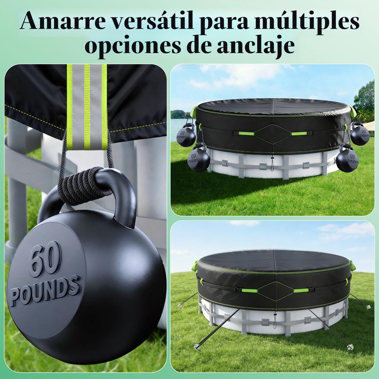 Cubierta para Piscina, Lona Piscina con Tiras Reflectantes, Estaca Luminosa, con Protección UV, Hermética al Polvo, para Piscinas Elevadas y Trampolines, Ø304 (260-302cm), Negro