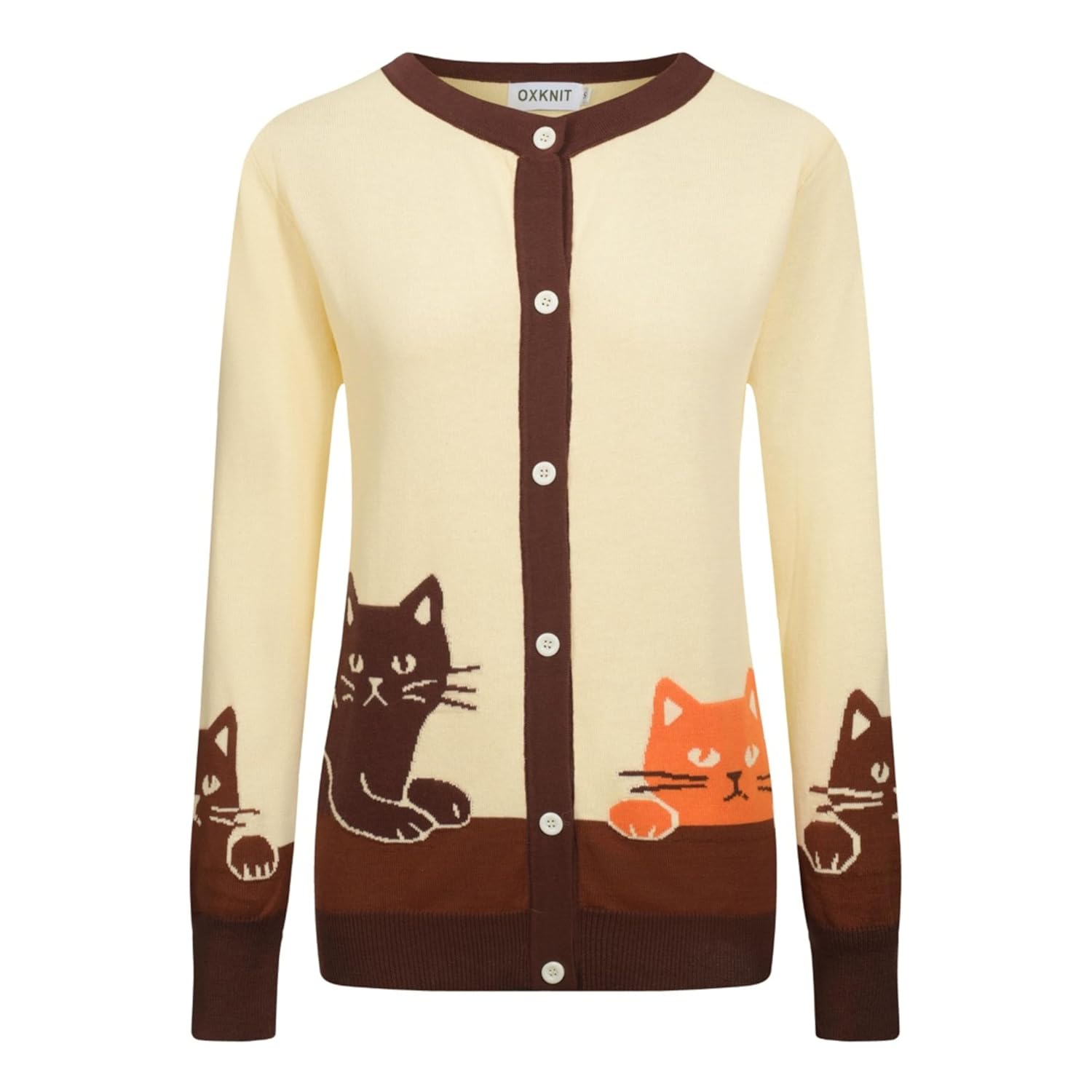 OXKNIT Womens Retro Beige Knitted Cardigan Sweater Vintage Cats Pattern Casual Cotton Long Sleeve Tops