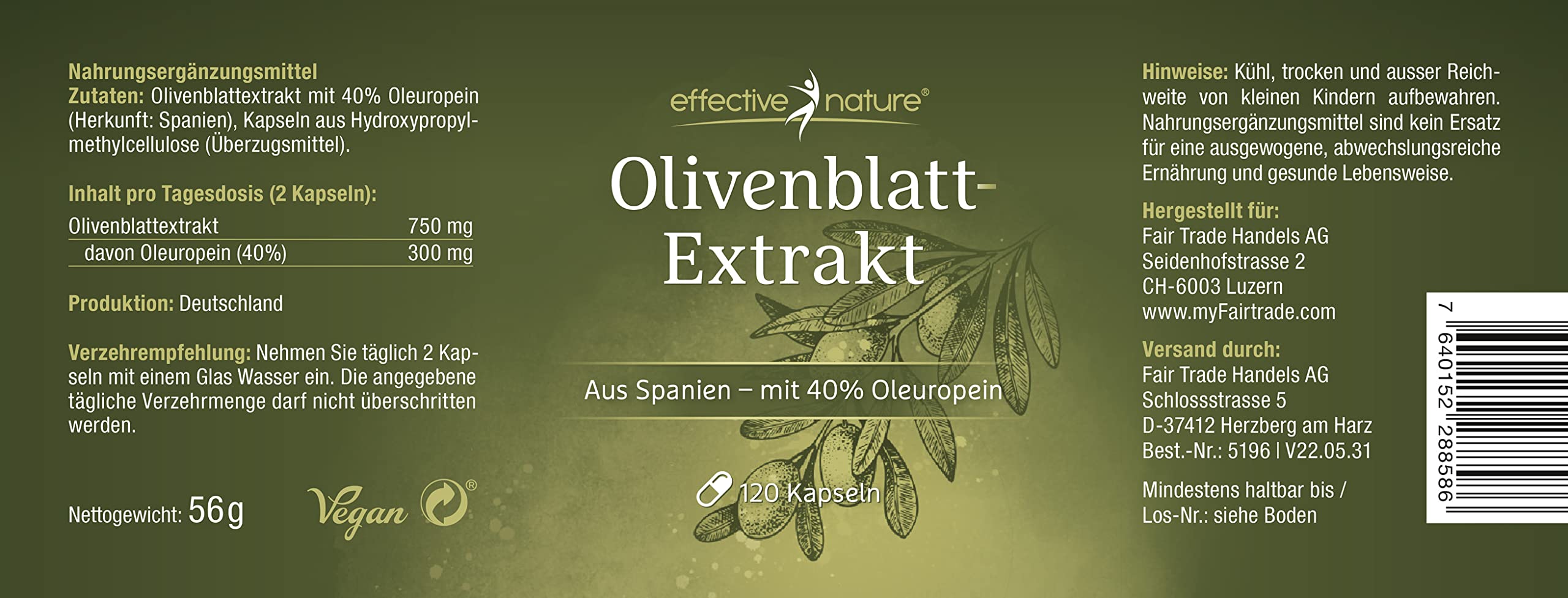 Olivenblattextrakt Kapseln hochdosiert - 120 Kapseln mit 750 mg pro Tag - Olivenblatt Extrakt mit 300 mg Oleuropein - Reicht für 2 Monate - Vegan