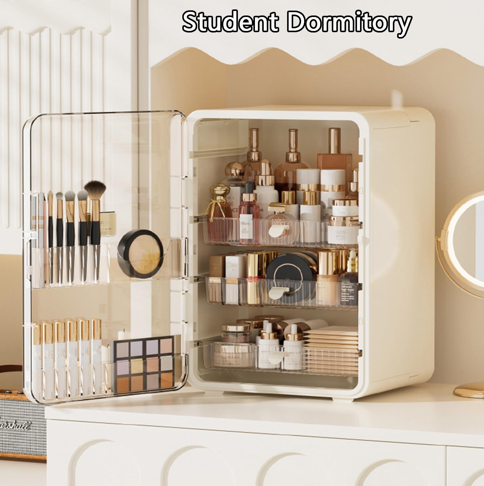 Make-up-Organizer, Hautpflege-Organizer für den Schminktisch, große Kosmetikvitrine mit Kunststoffschublade, Aufbewahrungsorganizer, Make-up-Pinselhalter für Kommode und Badezimmerablage (Beige)