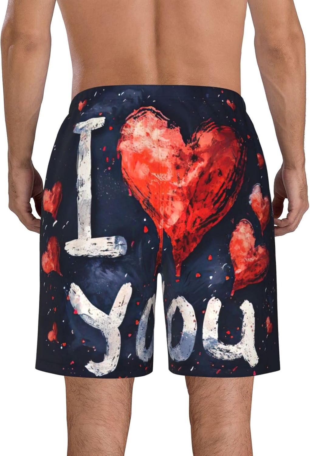 I Love You Words with Hearts Print Men's Swim Trunks Quick Dry Beach Shorts with Pockets Lining Swimwear Bathing Shorts