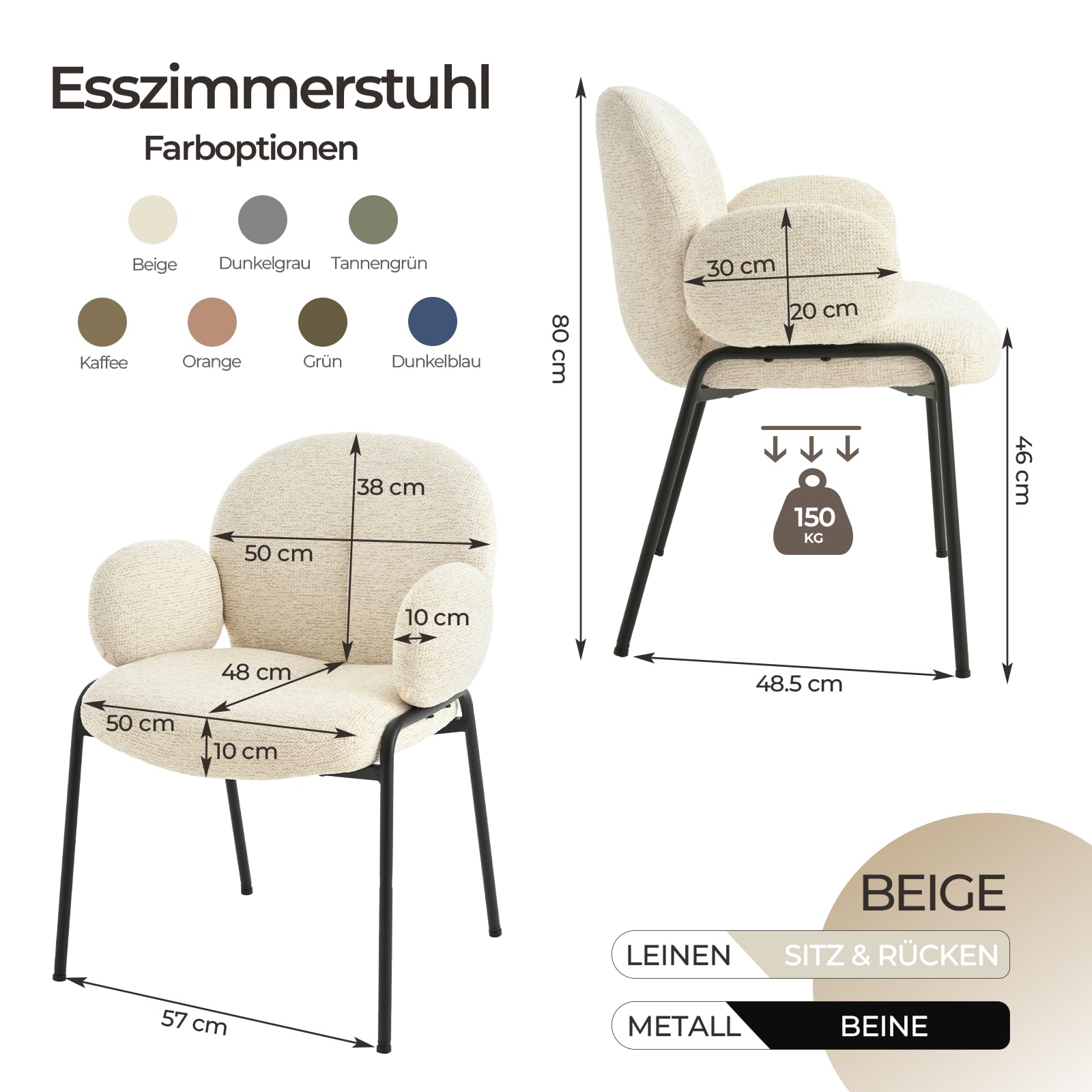 Lot de 6 chaises de Salle à Manger Beige avec accoudoirs - Chaises rembourrées Modernes avec Dossier,Pieds réglables en Hauteur,chaises de Cuisine en Lin pour Salon,Salle à Manger