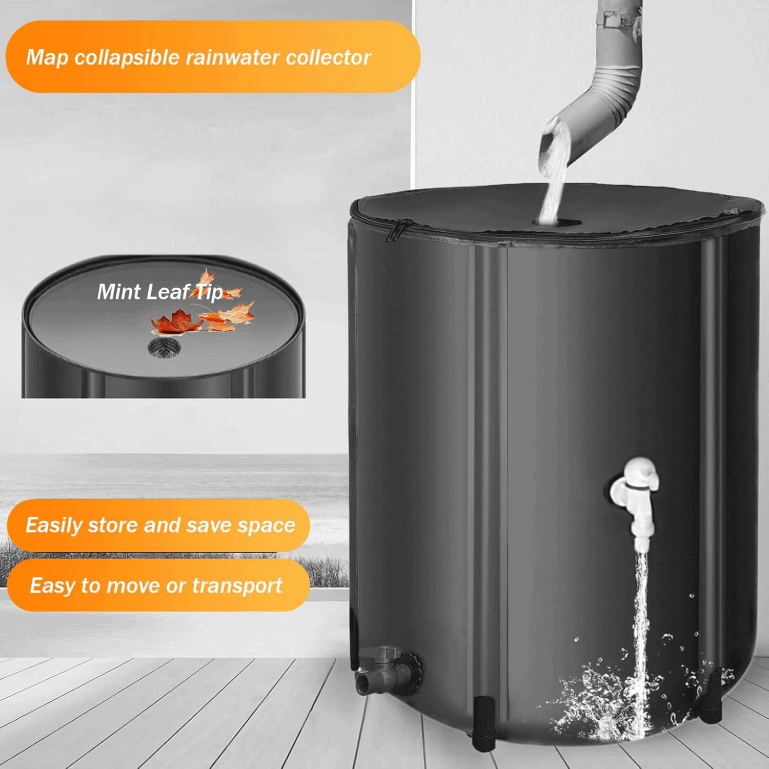 Cubo Plegable para La Recogida De Agua De Lluvia con Cremallera Y Filtro, Depósito De Agua, A Prueba De Fugas | para La Recogida De Agua De Lluvia De Bajantes De Jardín(Black,500l)